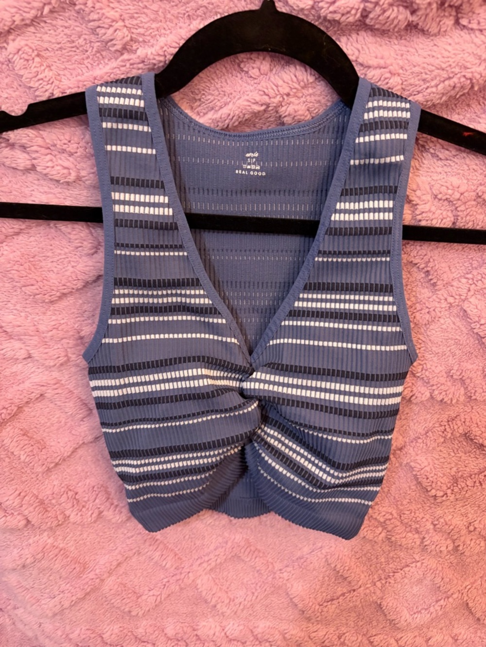 aerie Blue & White Ribbed V-Neck Crop Tank